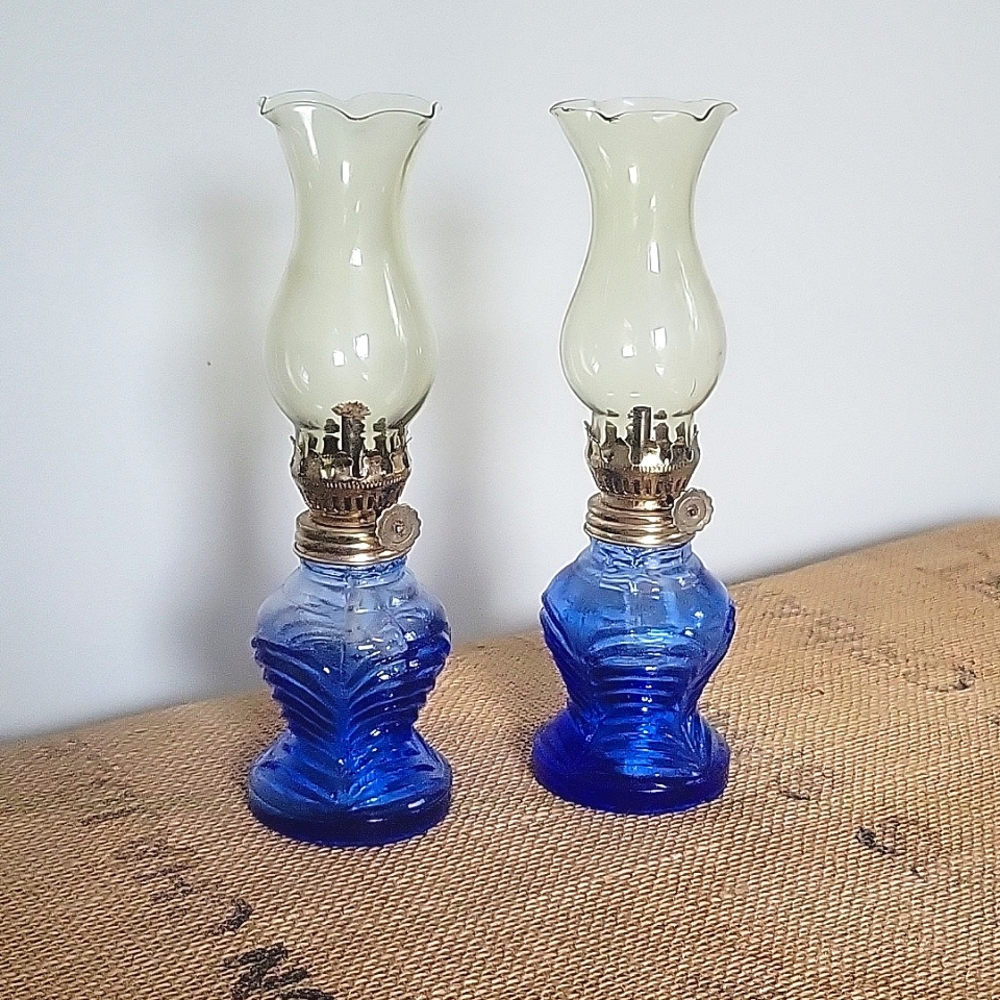 Vintage blue glass kerosene lamp pair